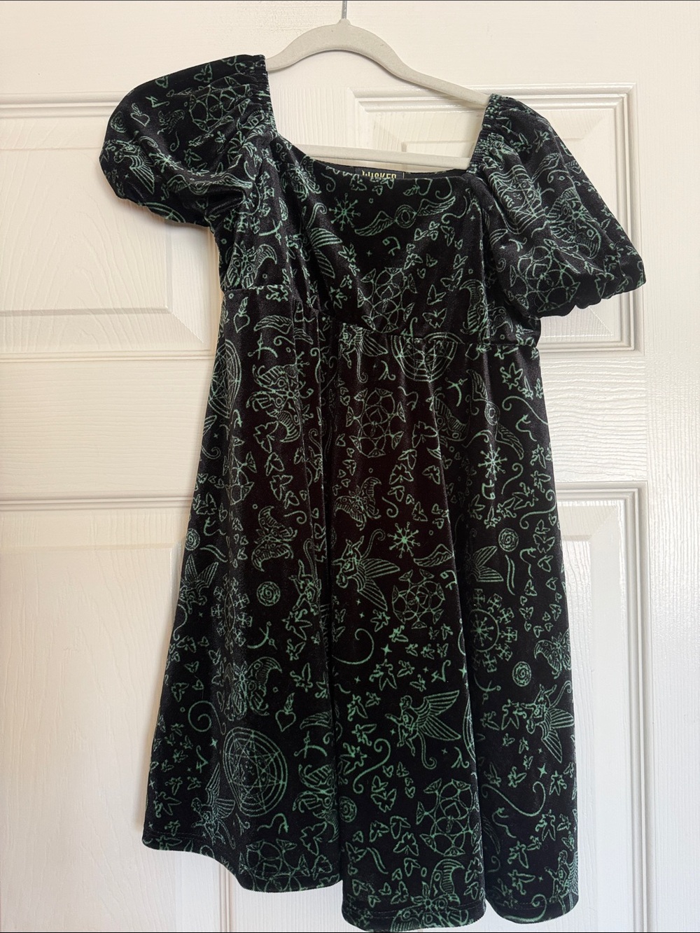 Wicked Black Velvet Girls' Dress with Green Print
